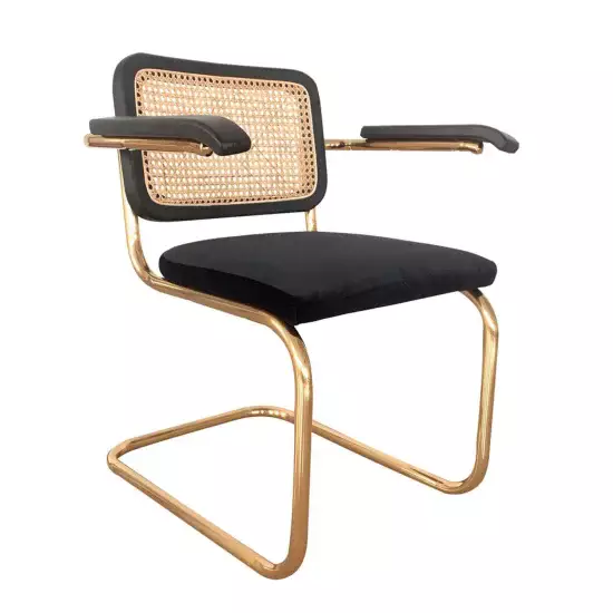 SILLA WEBSTER CON REPOSABRAZOS NEGRA RATTAN NATURAL PATAS DORADAS 2