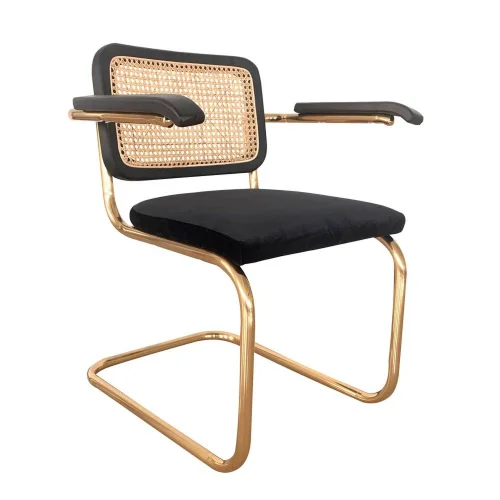 SILLA WEBSTER CON REPOSABRAZOS NEGRA RATTAN NATURAL PATAS DORADAS