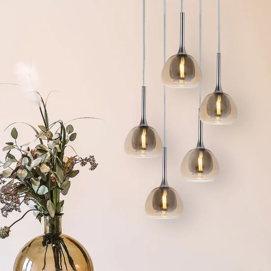 LÁMPARA DE TECHO 5 LUCES CRISTAL EXTERIOR ÁMBAR INTERIOR FUMÉ Ø45 NOLINA