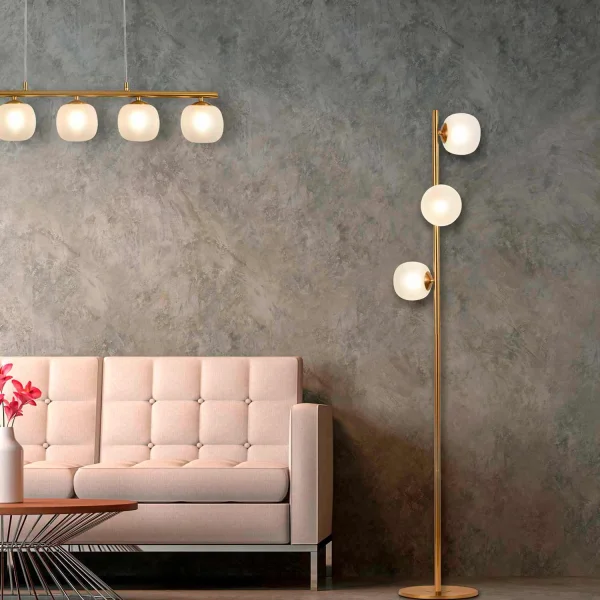 LÁMPARA DE PIE 3 LUCES HIERRO DORADO TULIPA BLANCA NICOLETTA LÁMPARA DE PIE 3 LUCES HIERRO DORADO TULIPA BLANCA NICOLETTA