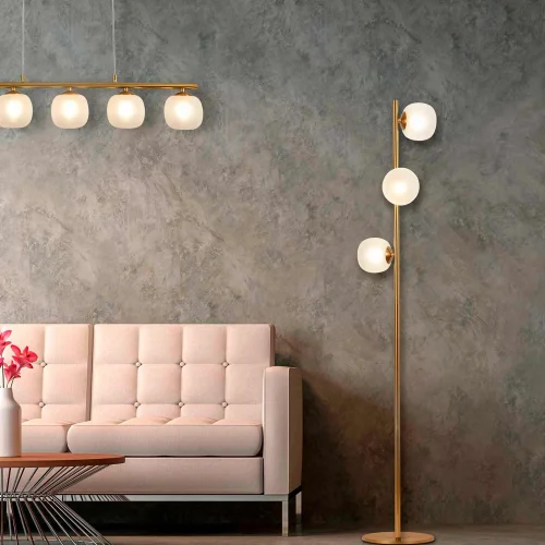 LÁMPARA DE PIE 3 LUCES HIERRO DORADO TULIPA BLANCA NICOLETTA LÁMPARA DE PIE 3 LUCES HIERRO DORADO TULIPA BLANCA NICOLETTA