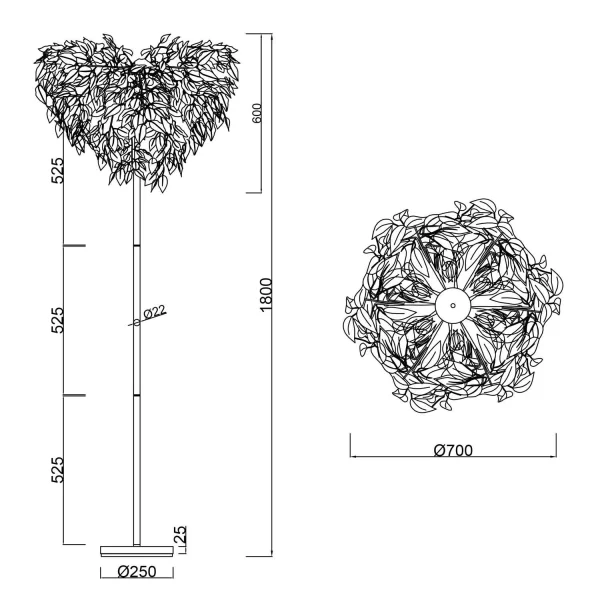 LÁMPARA DE PIE 3 LUCES Ø 70CM HOJAS NEGRAS