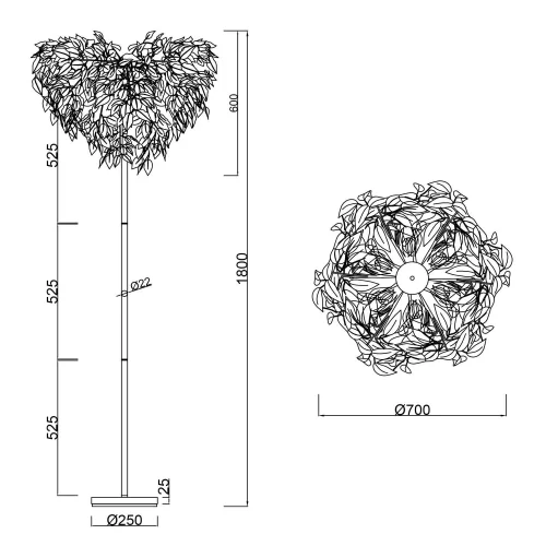 LÁMPARA DE PIE 3 LUCES Ø 70CM HOJAS NEGRAS