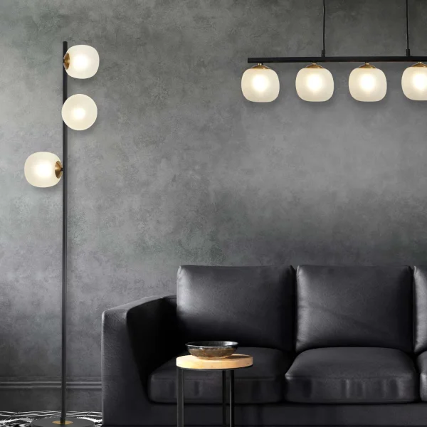 LÁMPARA DE PIE 3 LUCES HIERRO NEGRO TULIPA BLANCA NICOLETTA