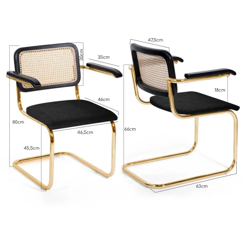 SILLA WEBSTER CON REPOSABRAZOS NEGRA RATTAN NATURAL PATAS DORADAS