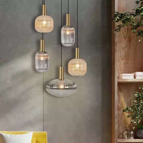 LÁMPARA DE TECHO 5 LUCES TULIPAS COMBINADAS ÁMBAR/FUMÉ Ø70 E27 SHELBY