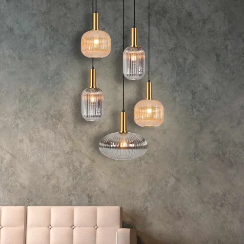 LÁMPARA DE TECHO 5 LUCES TULIPAS COMBINADAS ÁMBAR/FUMÉ Ø70 E27 SHELBY LÁMPARA DE TECHO 5 LUCES TULIPAS COMBINADAS ÁMBAR/FUMÉ Ø70 E27 SHELBY