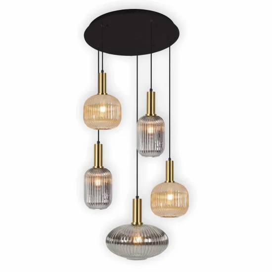 LÁMPARA DE TECHO 5 LUCES TULIPAS COMBINADAS ÁMBAR/FUMÉ Ø70 E27 SHELBY 2