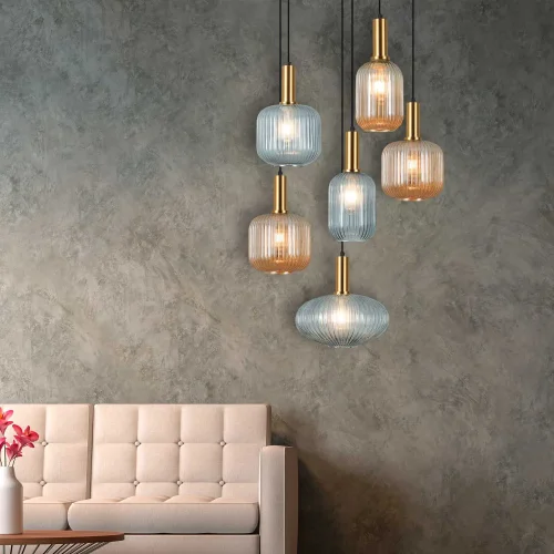 LÁMPARA DE TECHO 6 LUCES TULIPAS COMBINADAS ÁMBAR/FUMÉ Ø70 E27 SHELBY