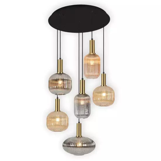 LÁMPARA DE TECHO 6 LUCES TULIPAS COMBINADAS ÁMBAR/FUMÉ Ø70 E27 SHELBY 2