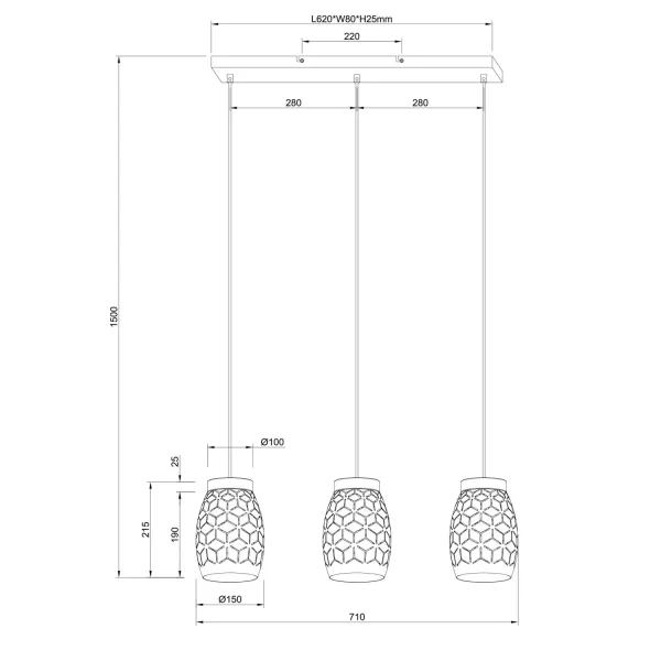 LÁMPARA DE TECHO COLGANTE 3 LUCES METAL NEGRO E27 BIRKITA