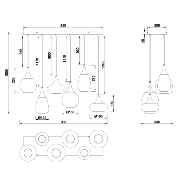 LÁMPARA COLGANTE 6 LUCES COLOR ACERO CROMADO E14 LESLIE