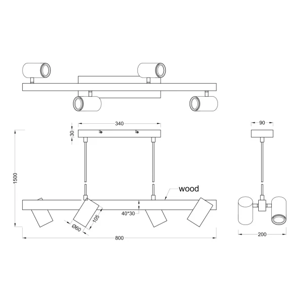LÁMPARA COLGANTE 4 LUCES GU10 NEGRO GRAFTON