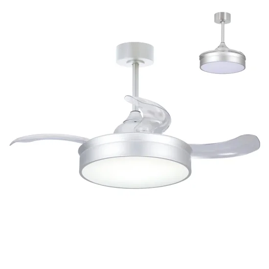 VENTILADOR DE TECHO LED 24W REGULABLE PLATA 4 ASPAS PLEGABLES MOTOR DC PALMA