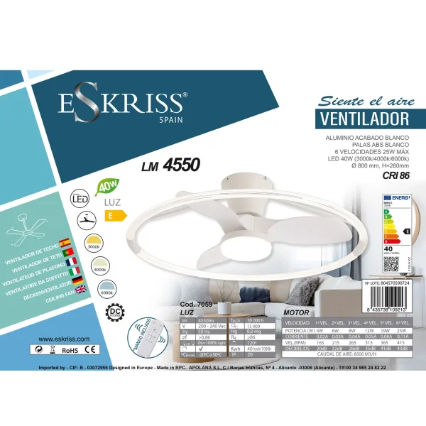 VENTILADOR DE TECHO ESTILO PLAFÓN LED 40W 3000-6000K 3 ASPAS BLANCO PIETRO