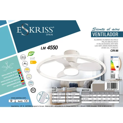 VENTILADOR DE TECHO ESTILO PLAFÓN LED 40W 3000-6000K 3 ASPAS BLANCO PIETRO