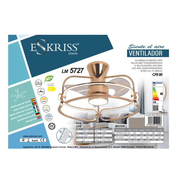 VENTILADOR DE TECHO ESTILO PLAFÓN LED 48W 3000-6000K DORADO BENEDICT