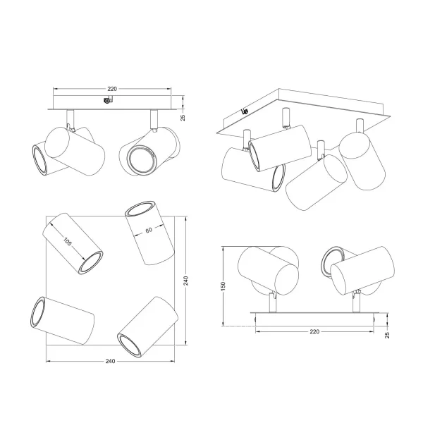 FOCO DE TECHO/PARED 4 LUCES METAL COFFEE/GRIS GU10 GRAFTON