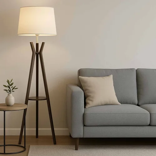 LÁMPARA DE PIE EN MADERA DE CAOBA Y TELA Ø46CM E27 HAGEN