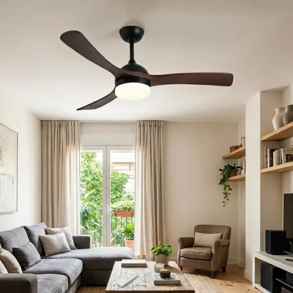 VENTILADOR DE TECHO DC LED 20W PALAS MADERA OSCURA NEGRO LUMINOR