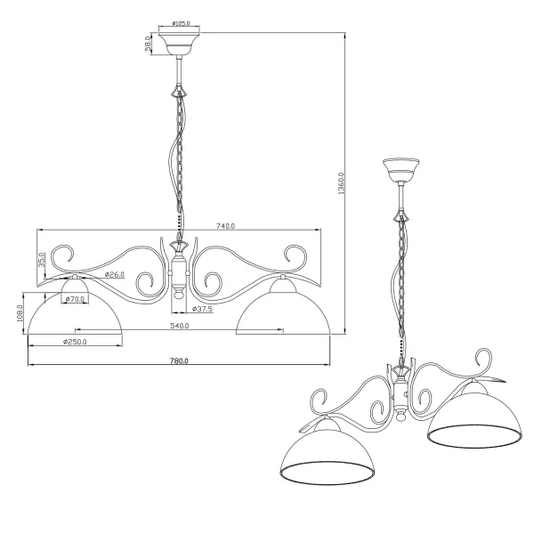 LÁMPARA DE TECHO 2 LUCES MIRANDA FORJA